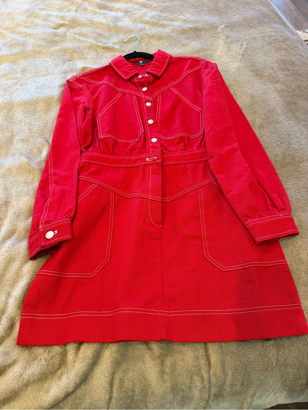 7 For All Mankind Red Snap-Front Shirt Jacket with Contrast Stitching